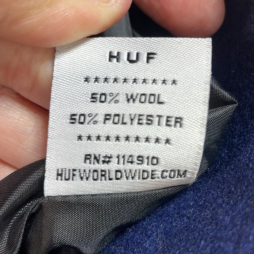 🛵 nwt Huf navy blue wool varsity jacket with red white and blue ribbed trim